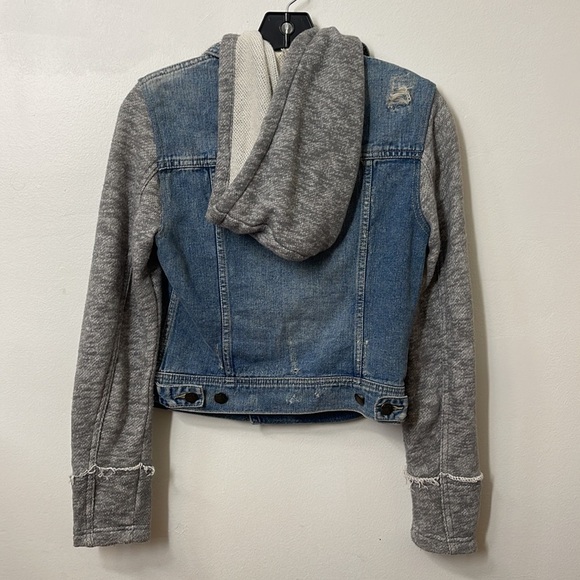 Free People Distressed Jean Jacket, Knit Sleeve, Removable Hood, Size Small - Picture 6 of 6